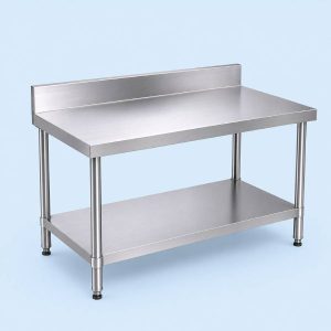 Commercial stainless steel work table with backsplash and undershelf for professional food preparation in restaurants, hotels, hospitals, schools, and catering kitchens.