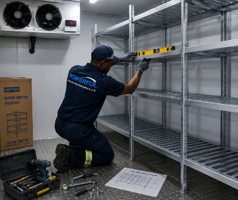 Technician installing shelving racks inside a commercial cold room storage facility.