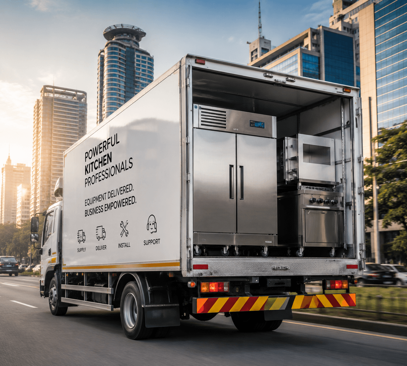 Commercial kitchen equipment being delivered to a client location in Kenya