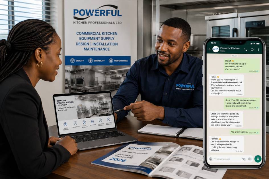 WhatsApp consultation and customer support for commercial kitchen equipment and kitchen design services.