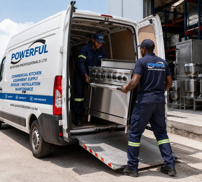 Delivery team unloading commercial kitchen equipment from a service van for installation.