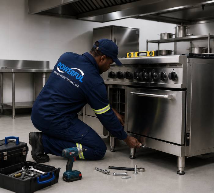 Technician installing commercial kitchen equipment in a professional stainless steel kitchen.