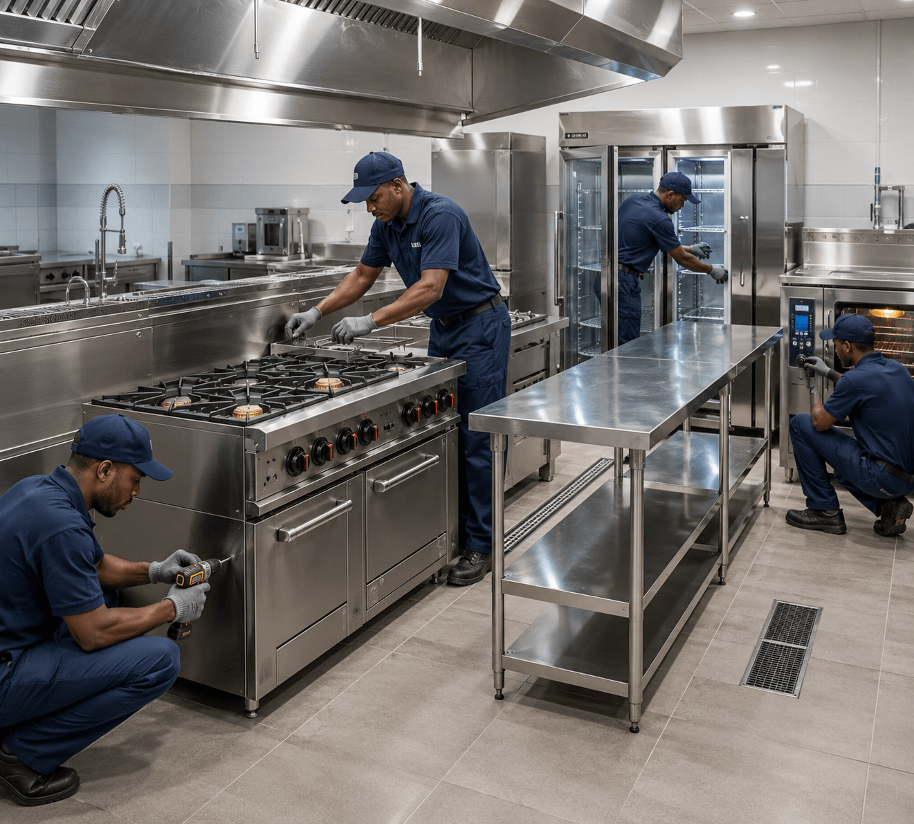 Technicians installing and testing commercial kitchen equipment in a professional facility