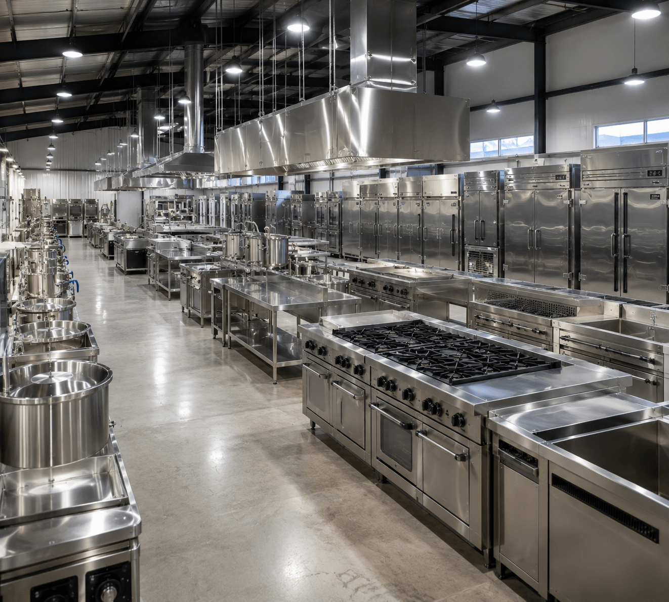 Large commercial equipment showroom displaying industrial kitchen appliances and stainless steel workstations