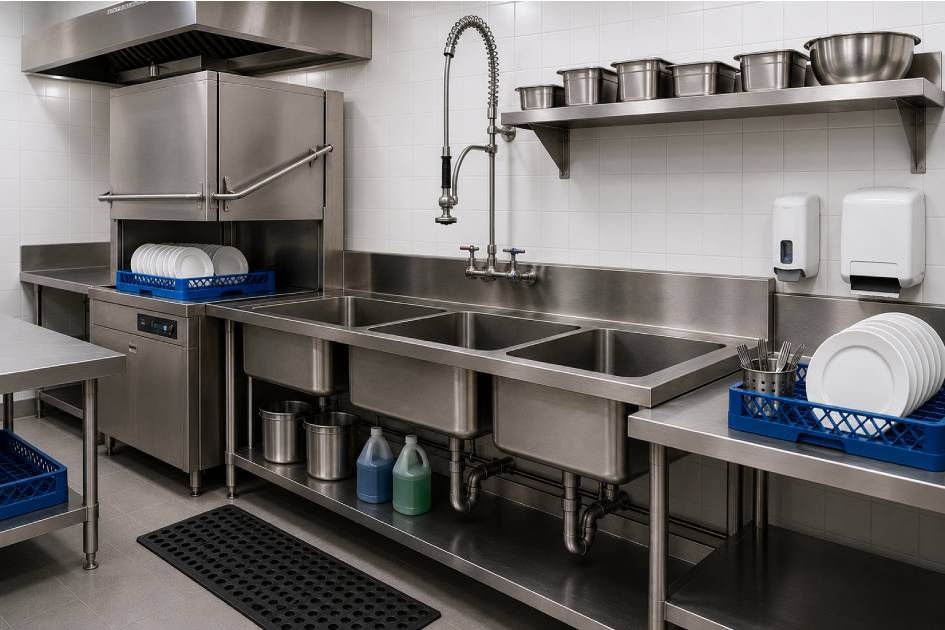 Commercial stainless steel sink and warewashing station in a professional kitchen.