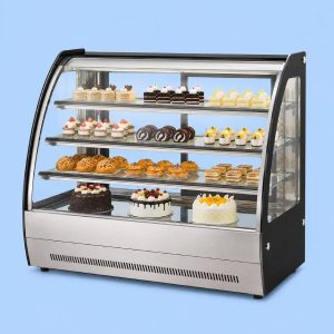 Curved glass refrigerated pastry display cabinet for bakeries and commercial food displays.