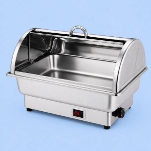 Electric stainless steel roll top double pan chafing dish for buffet food service.