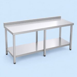 Extra-large stainless steel work table with backsplash and undershelf for commercial kitchens.