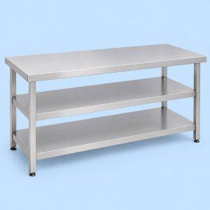 Large stainless steel central work table with double undershelf storage for commercial kitchens.