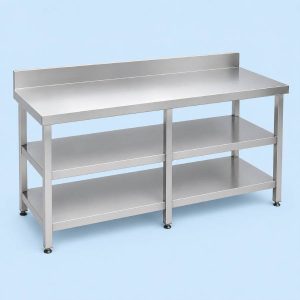 Large stainless steel work table with double undershelf storage for commercial kitchens.