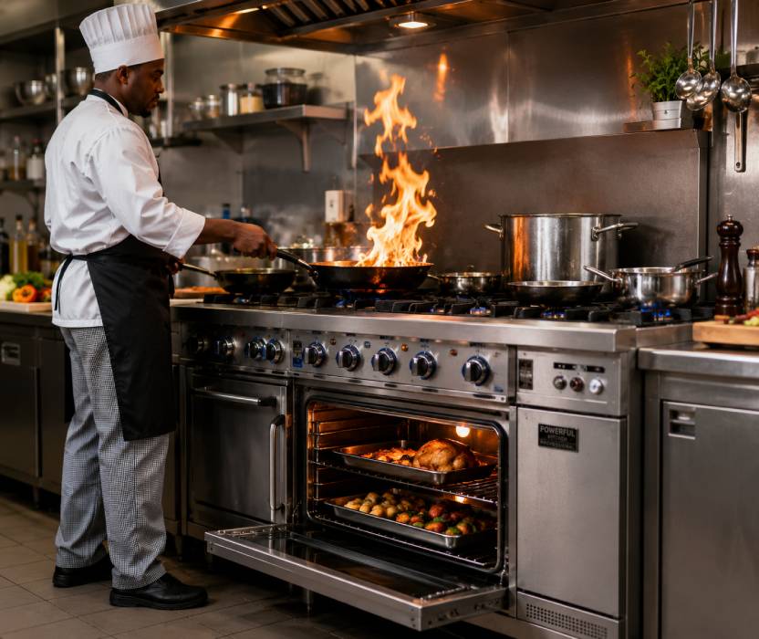 Commercial cooker oven in use with visible flames in a professional kitchen.