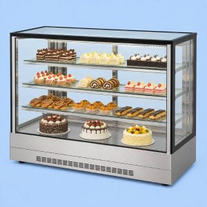 Square glass refrigerated pastry display cabinet for bakeries and commercial food displays.