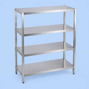 Commercial stainless steel 4-tier storage rack for kitchen organization.