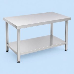 Stainless steel central work table for commercial food preparation and kitchen operations.
