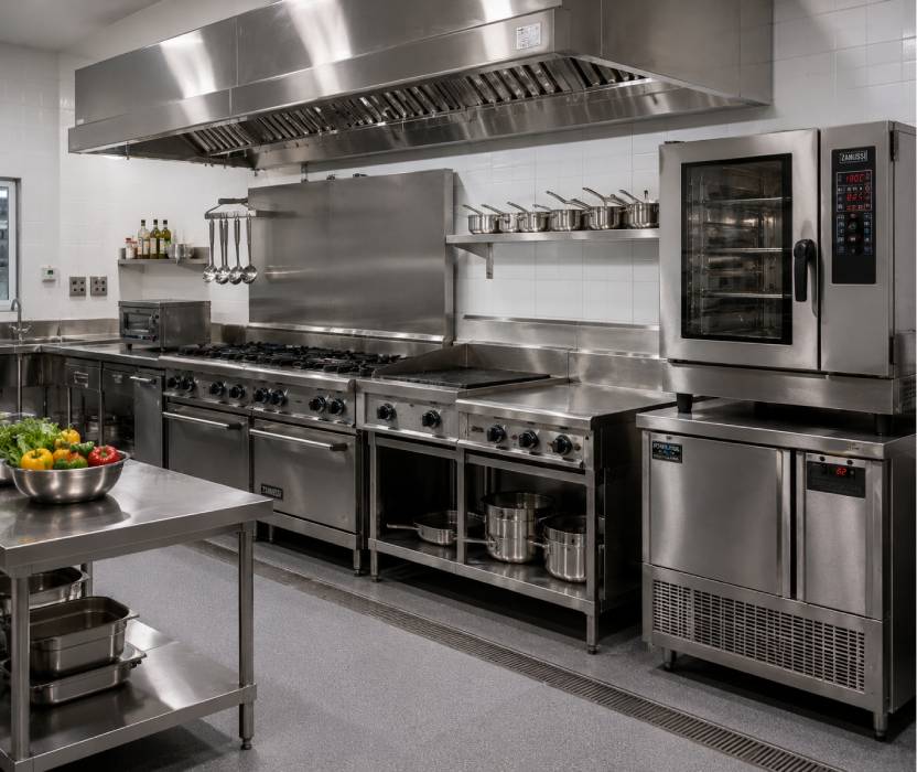 Modern stainless steel commercial kitchen setup with professionally installed kitchen equipment.