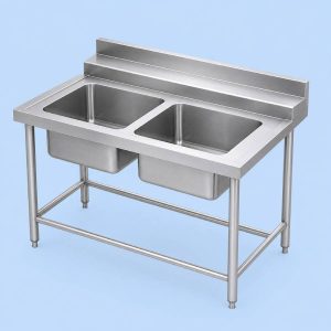 Commercial stainless steel pre-rinse double bowl sink with integrated spray unit.