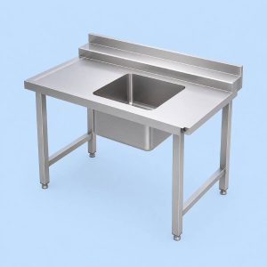 Commercial stainless steel pre-rinse single bowl sink with integrated spray unit.