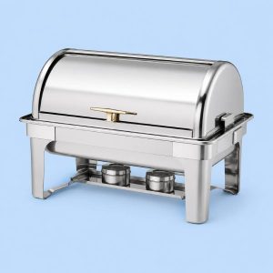 Stainless steel roll top chafing dish for buffet food service and catering events.