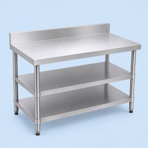 Commercial stainless steel work table with double undershelf storage for food preparation and kitchen organization.