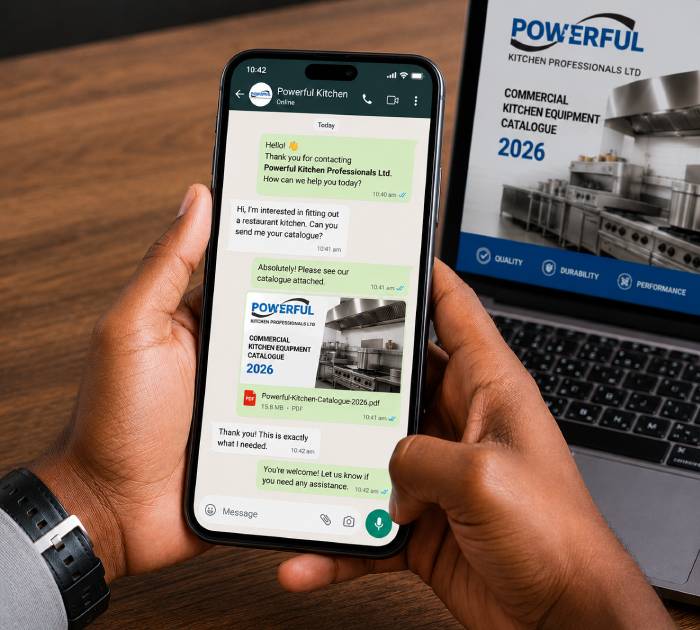 Customer viewing a commercial kitchen equipment catalogue on WhatsApp from Powerful Kitchen Professionals Ltd.