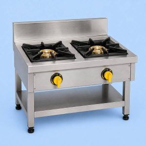 Commercial 2 burner stainless steel gas cooker for professional kitchens.