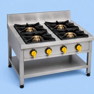 Commercial 4 burner stainless steel gas cooker for professional kitchens.