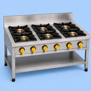Commercial 6 burner stainless steel gas cooker for professional kitchens.