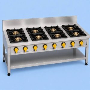 Commercial 8 burner stainless steel gas cooker for professional kitchens.