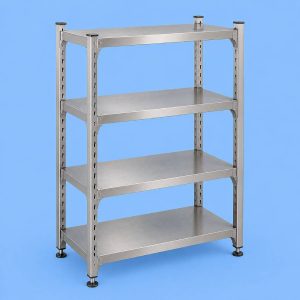 Commercial stainless steel adjustable shelving unit for professional kitchens.