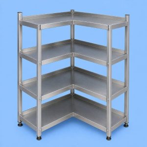 Commercial stainless steel corner shelving unit for professional kitchens.
