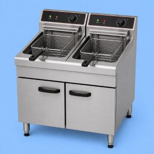 Commercial double freestanding electric fryer for professional kitchens.