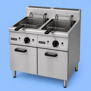 Commercial double freestanding gas fryer for professional kitchens.