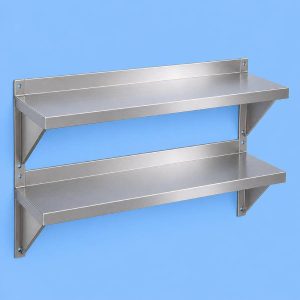 Commercial stainless steel double tier wall shelf for professional kitchens.