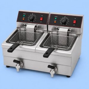 Commercial electric double table top fryer for professional kitchens.