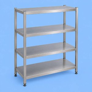 Commercial stainless steel freestanding shelving unit for professional kitchens.