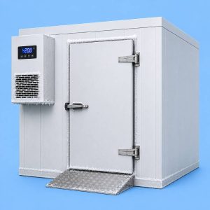 Commercial freezer room for professional frozen food storage.