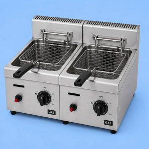 Commercial gas double table top fryer for professional kitchens.