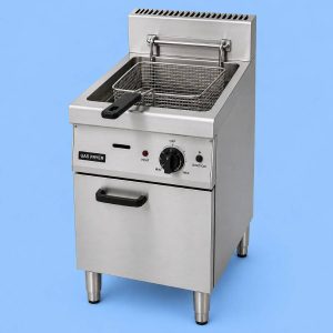 Commercial single freestanding gas fryer for professional kitchens.