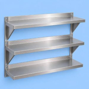 Commercial stainless steel triple tier wall shelf for professional kitchens.