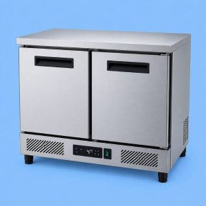 Commercial undercounter refrigerator double door for professional kitchens.