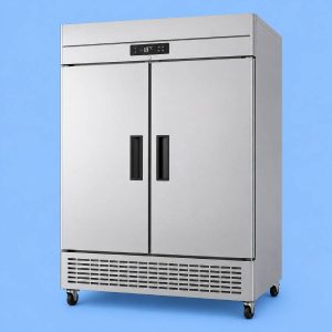 Commercial upright freezer double door for professional kitchens.